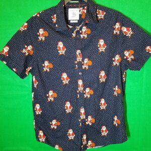 Denim and Flower Ricky Singh Navy Blue Santa Short Sleeve Button Up Shirt M